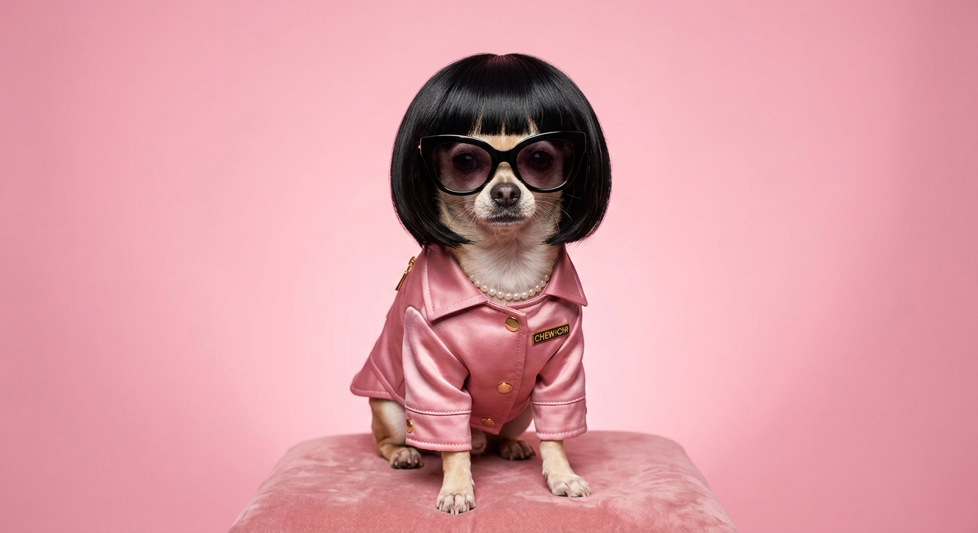BOBBI the chihuahua in sunglasses, a pink satin jacket and a glossy black bob