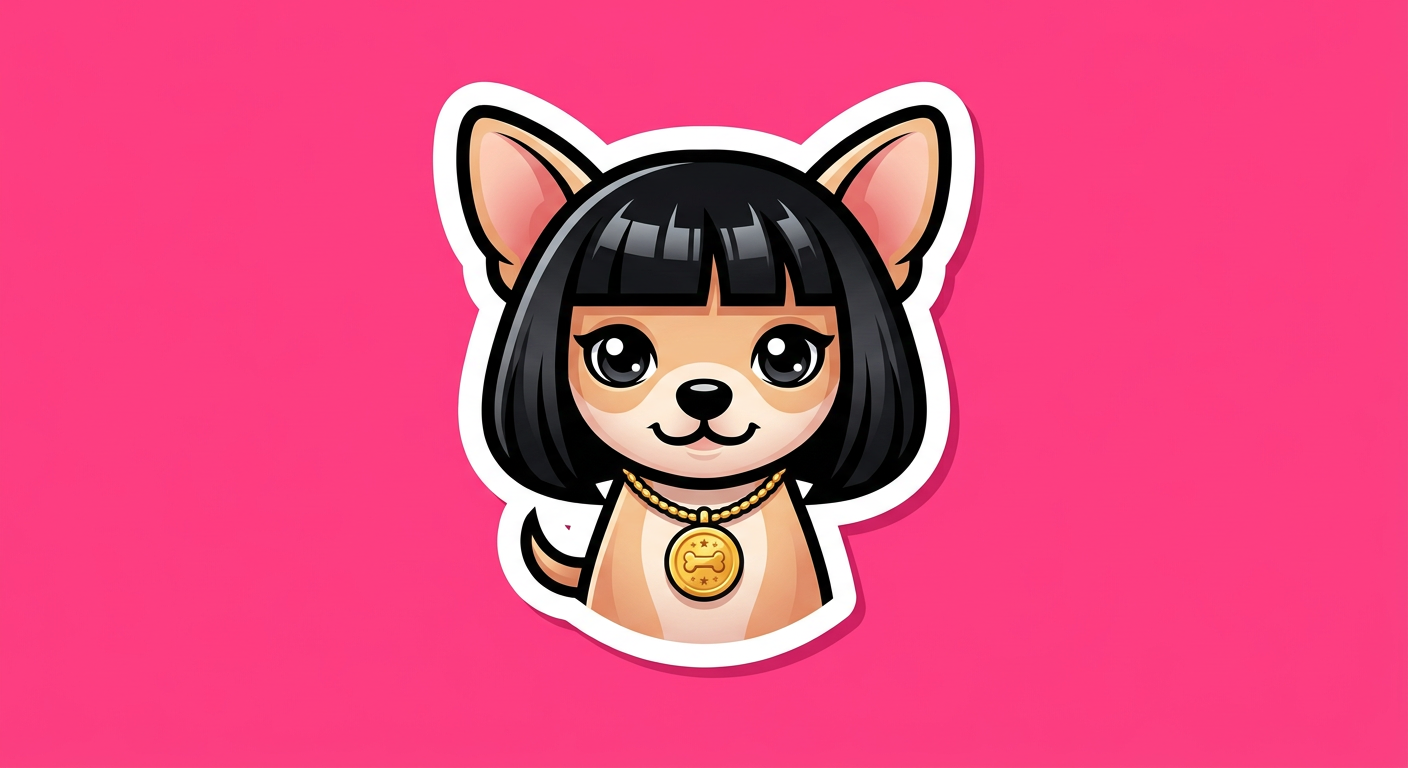 BOBBI sticker logo: a chihuahua with a glossy black bob and a gold bone coin